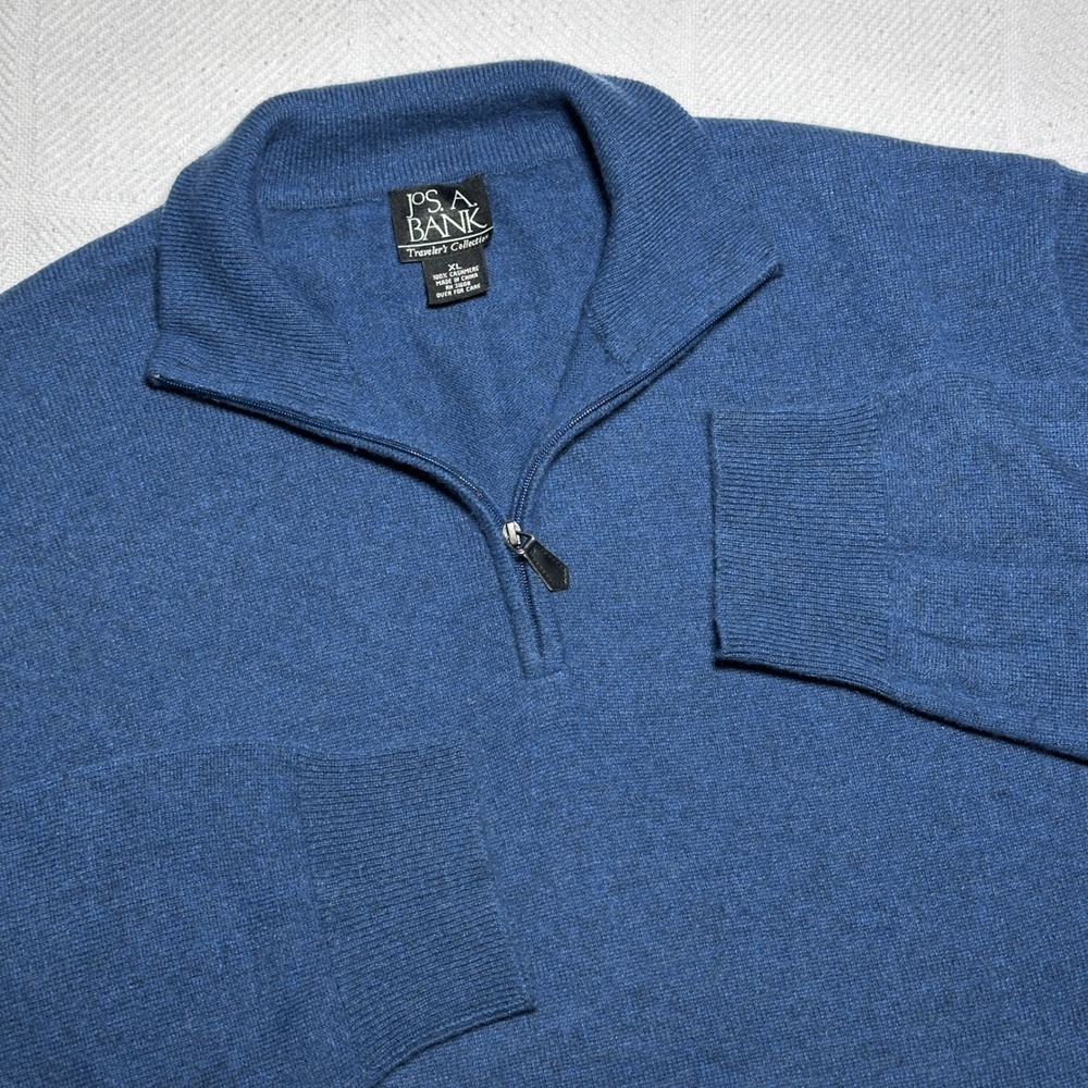 Jos A Bank 1/4 Zip Sweater Mens XL 100% Cashmere Knit Travelers Collection Blue